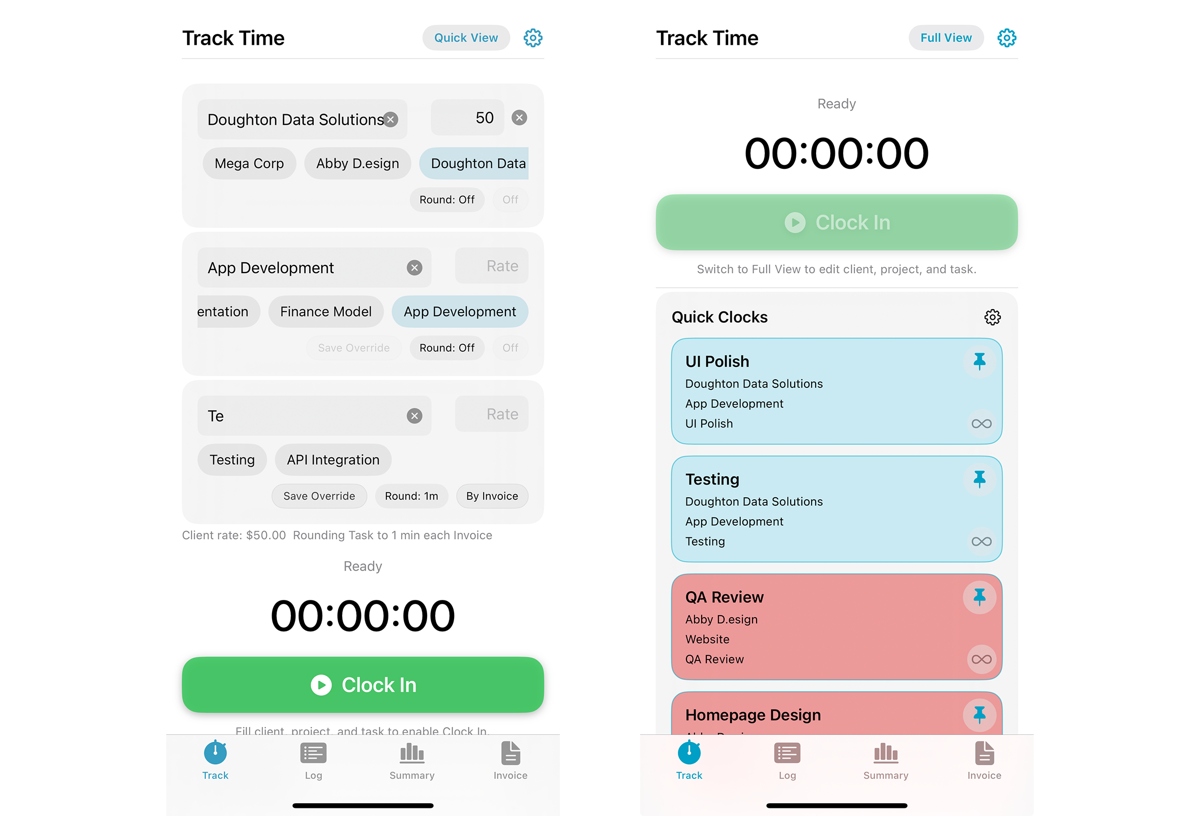 iPhone Track tab and Quick Clock screenshot