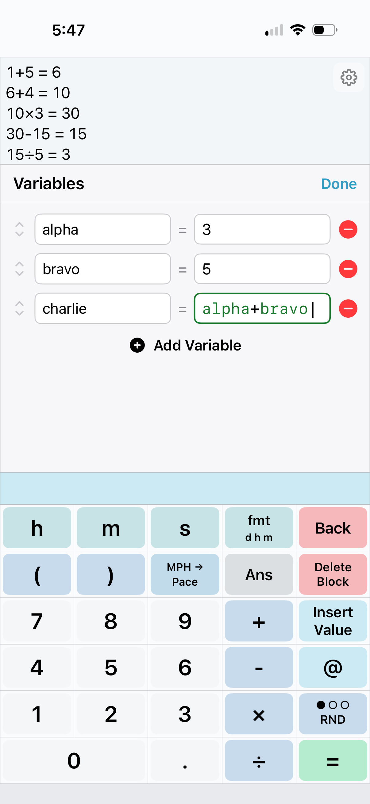 MyCalc custom variables screenshot