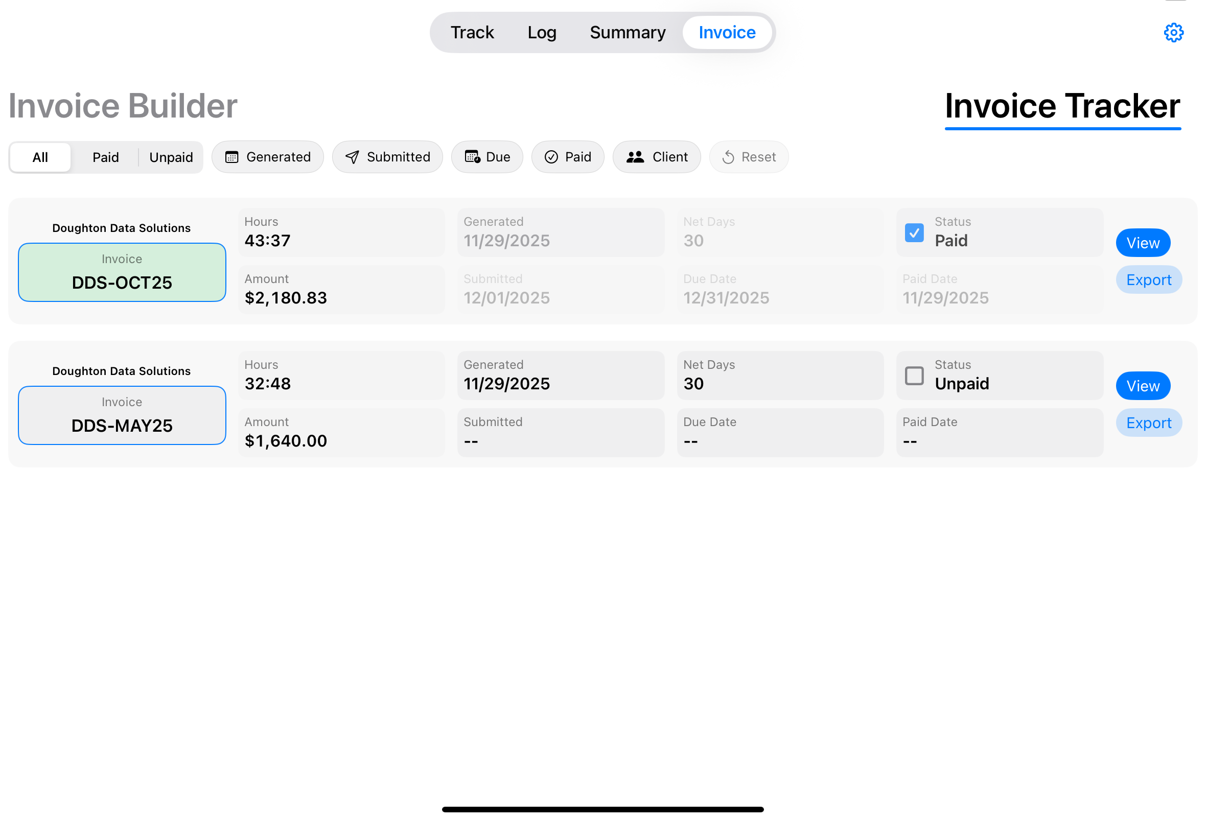 iPad Invoice Tracker in paid status screenshot