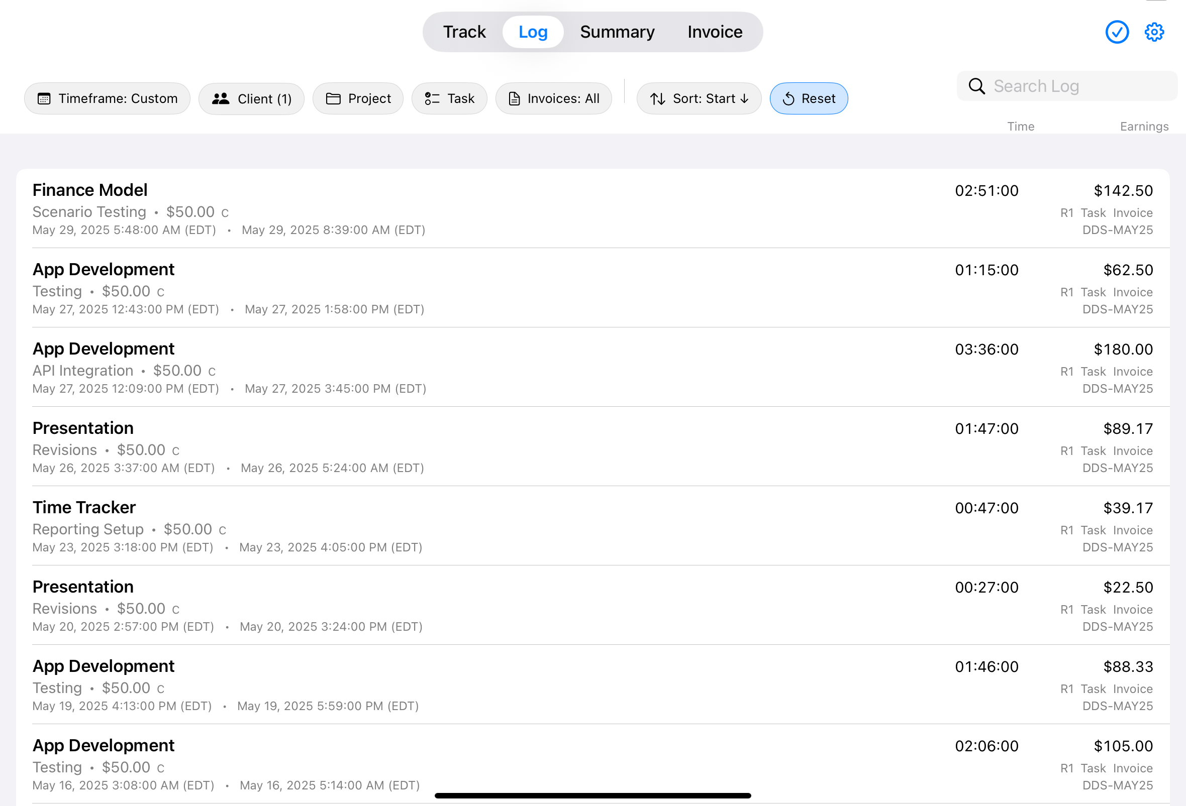 iPad Log tab screenshot