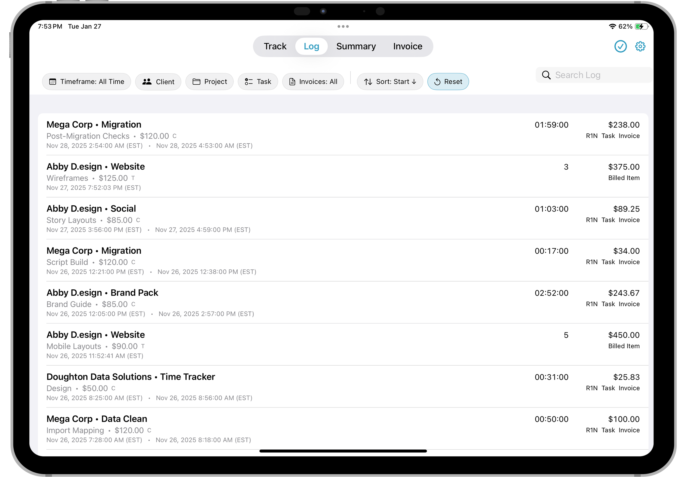 iPad Log tab screenshot
