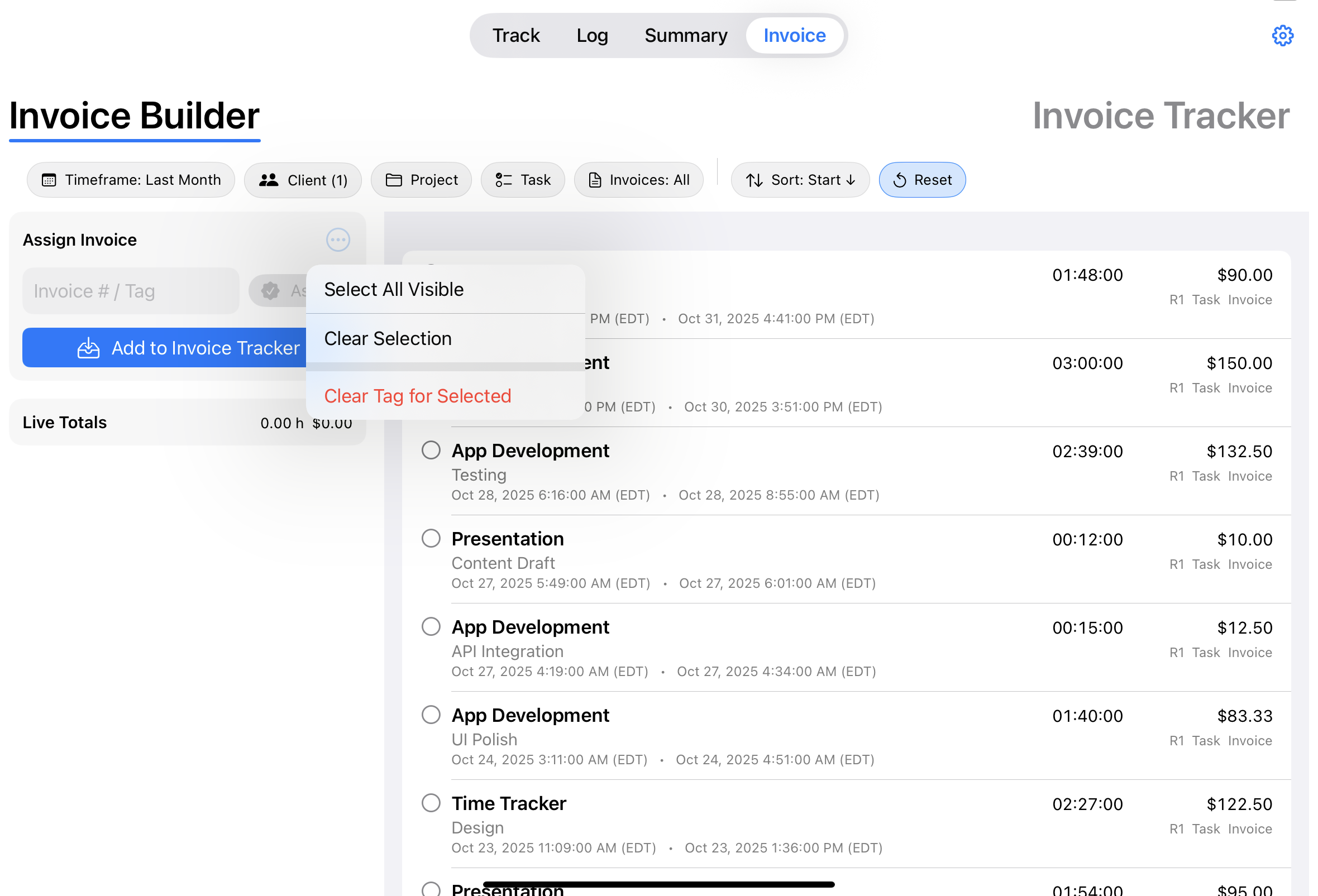 iPad Invoice Builder select all screenshot