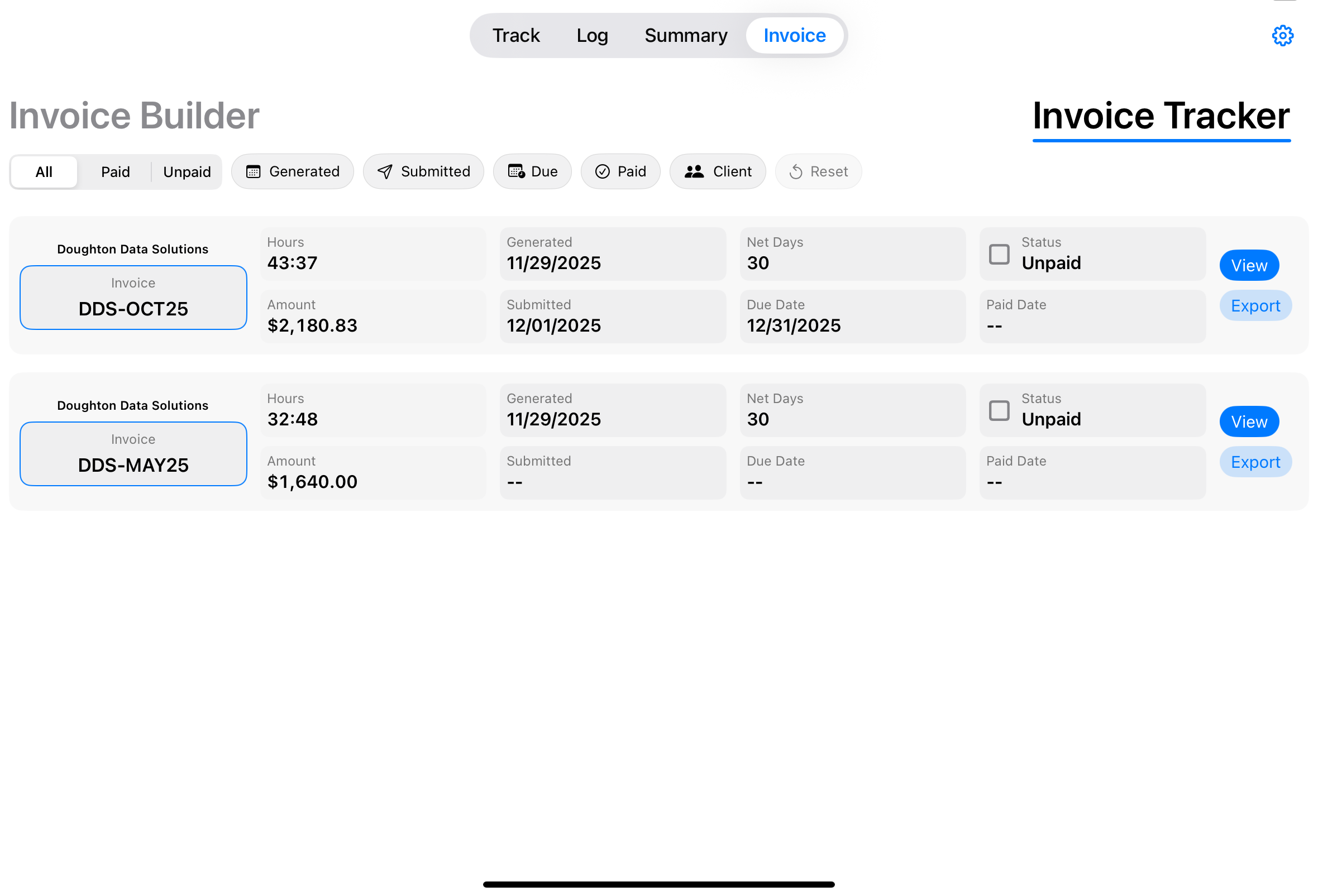 iPad Invoice Tracker with details filled in screenshot