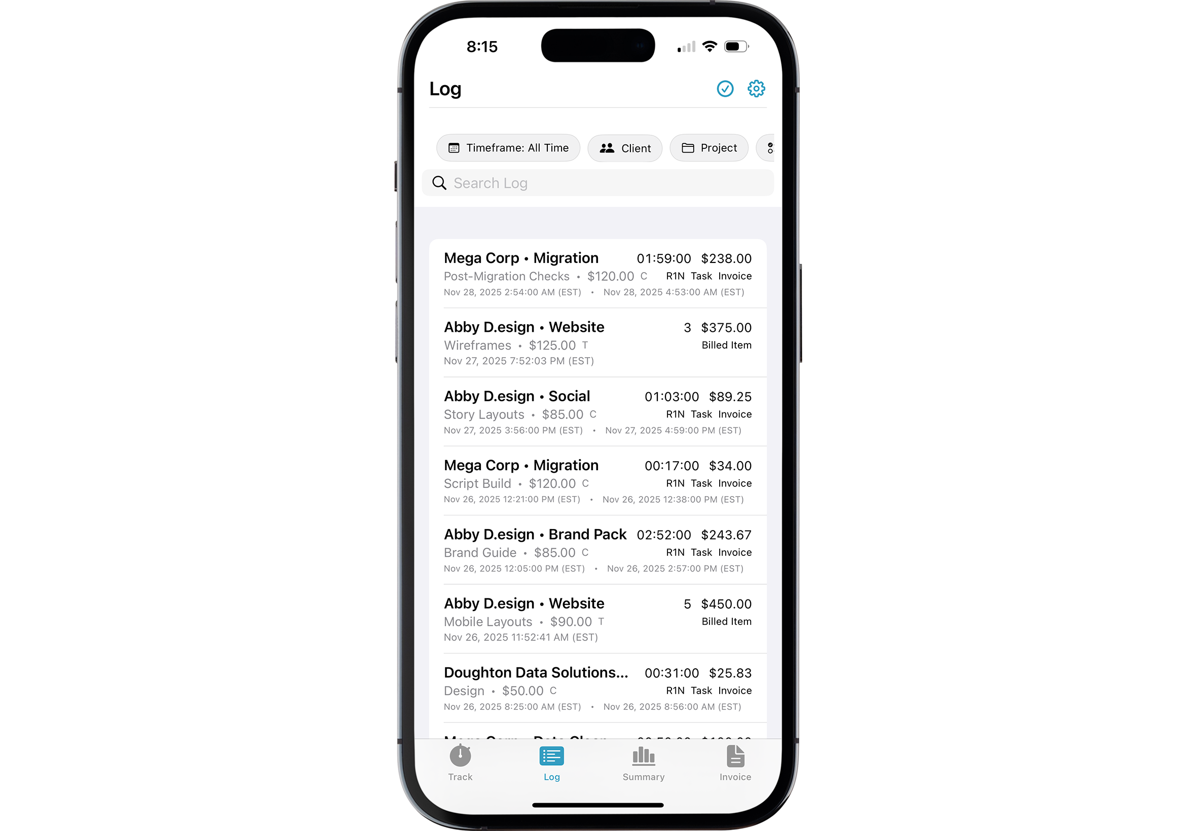 iPhone Log tab screenshot
