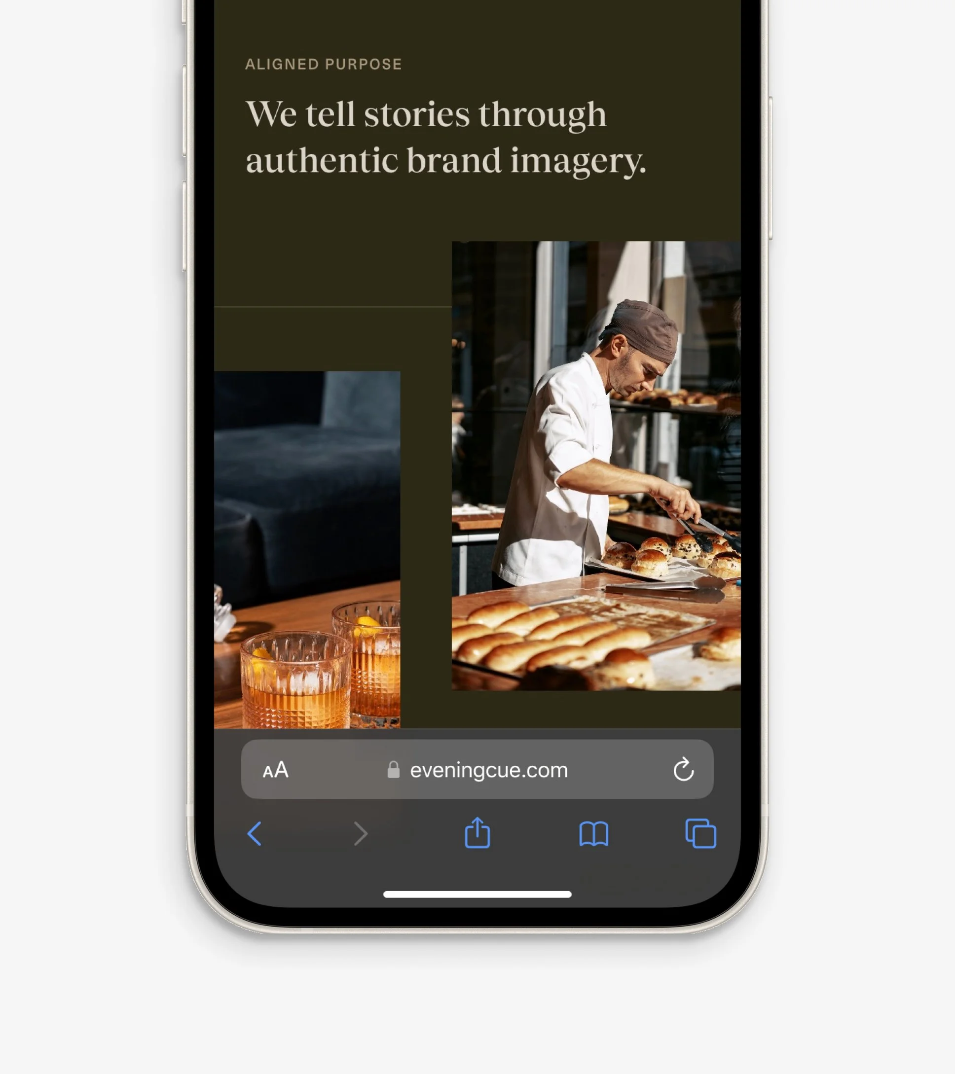 The bottom portion of Evening Cue's homepage, shown on mobile