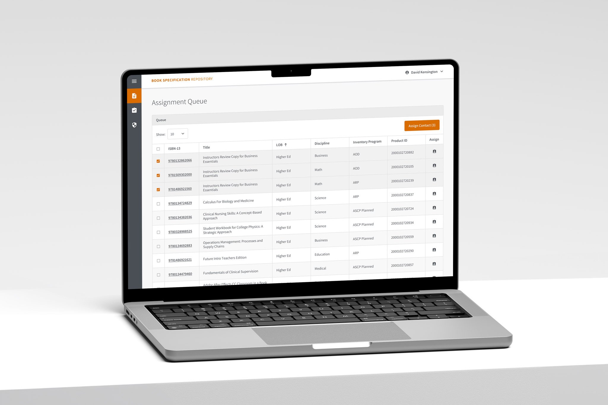 A desktop mockup of the Book Specification Repository Assignment Queue page.