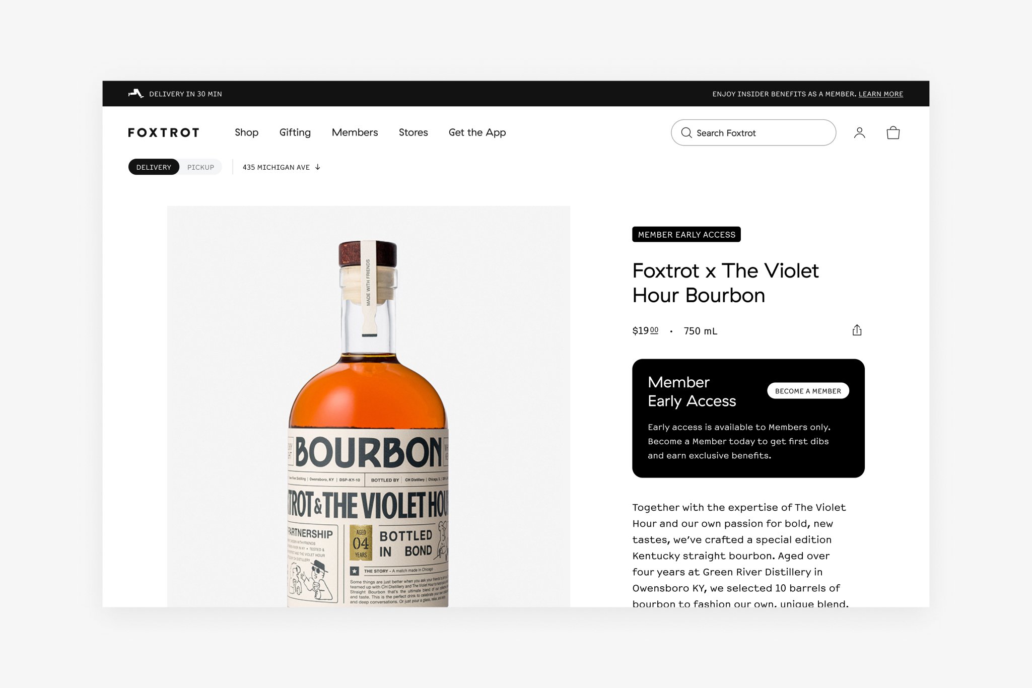 A product detail page on Foxtrot's website featuring a Member Early Access item.