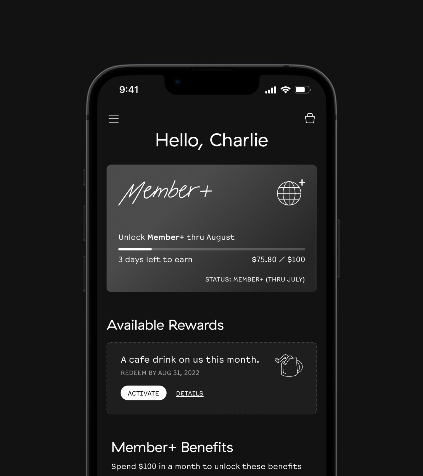 The Members hub in the Foxtrot app, featuring a Member+ card and free cafe drink reward.