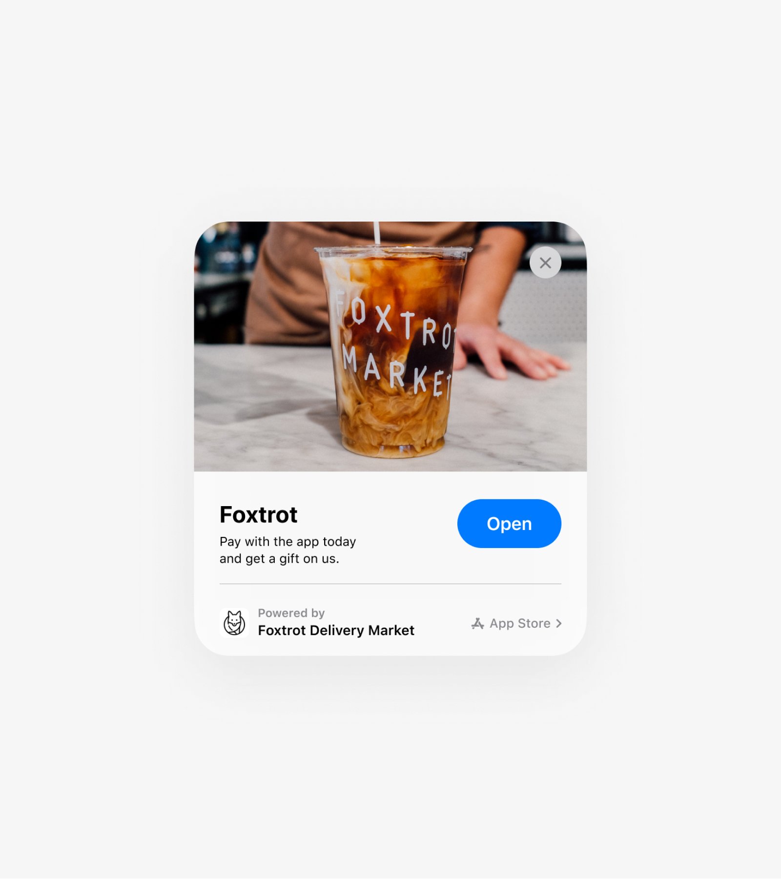 The AppClip that appears when customers with an iPhone scan one of the QR codes in-stores.