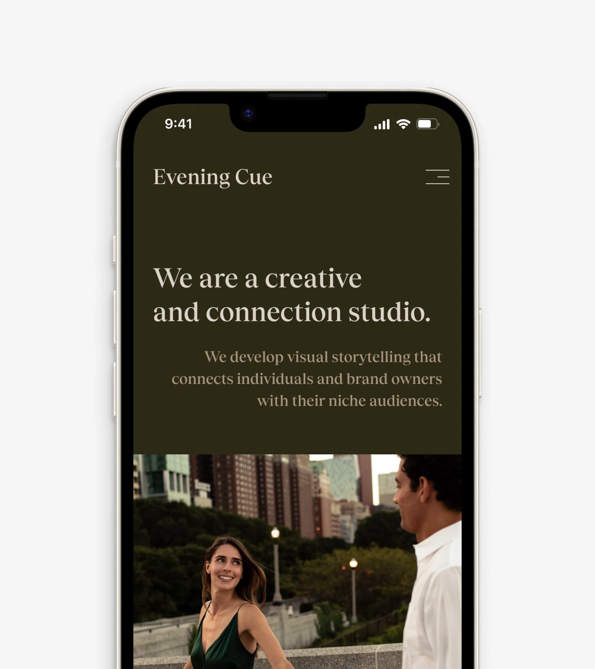 The top portion of Evening Cue's homepage, shown on mobile