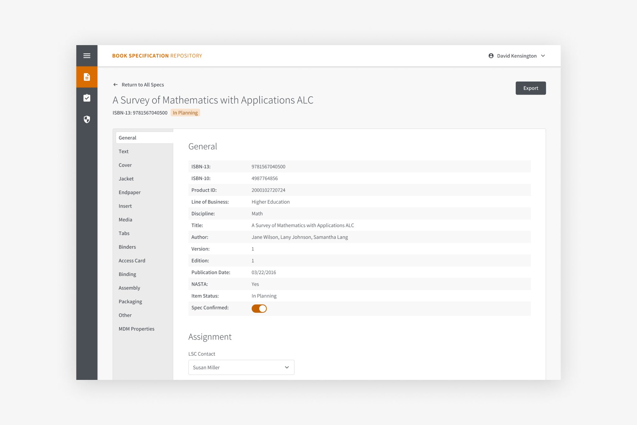 A desktop mockup of the Book Specification Repository Spec Detail page.