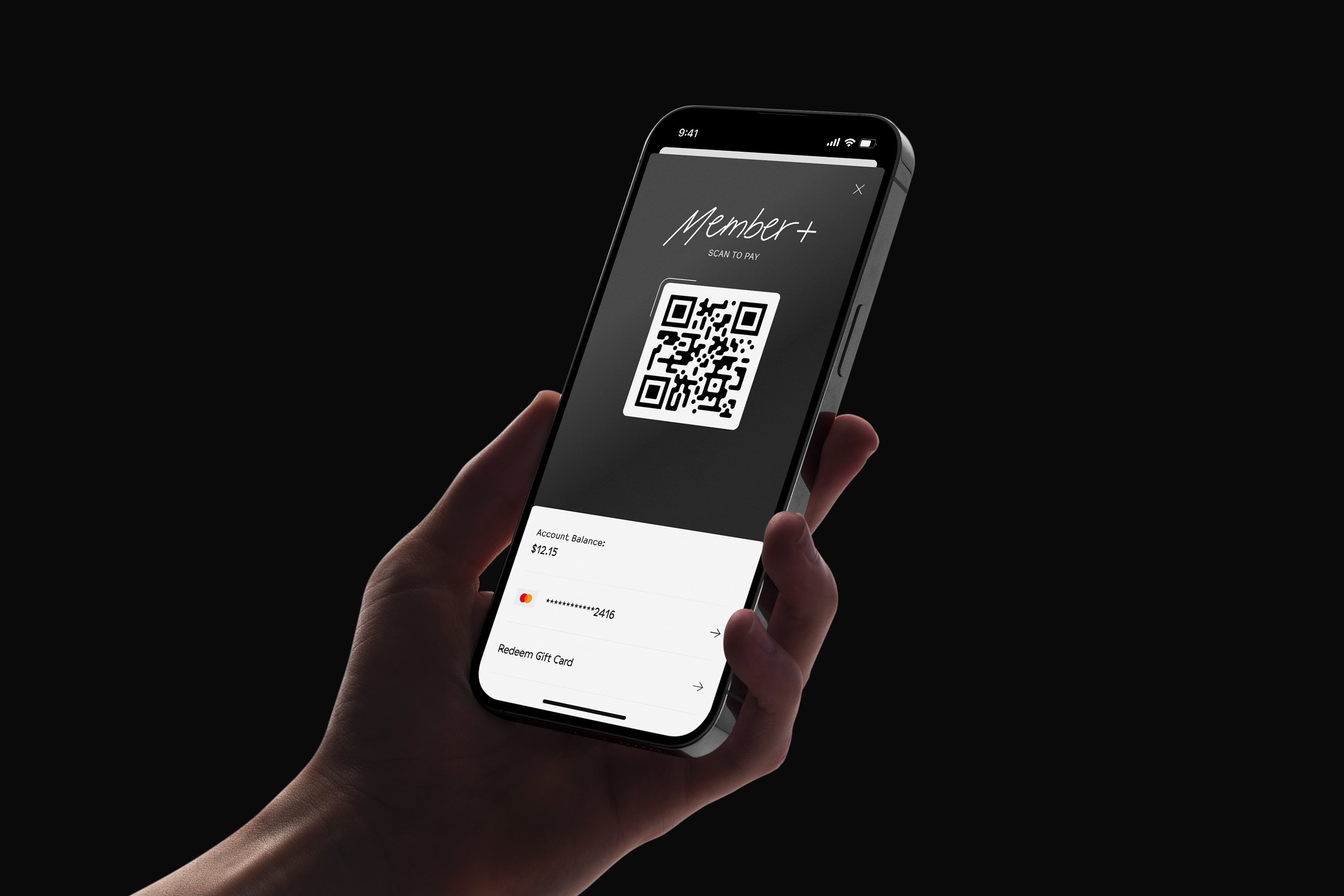 The Pay In Store screen showing a Member+ QR code.