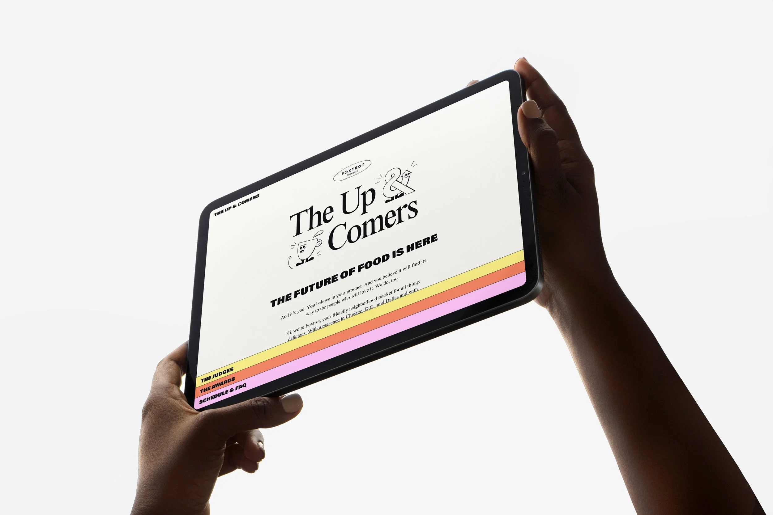 A tablet mockup of the 2022 Up & Comers webpage.