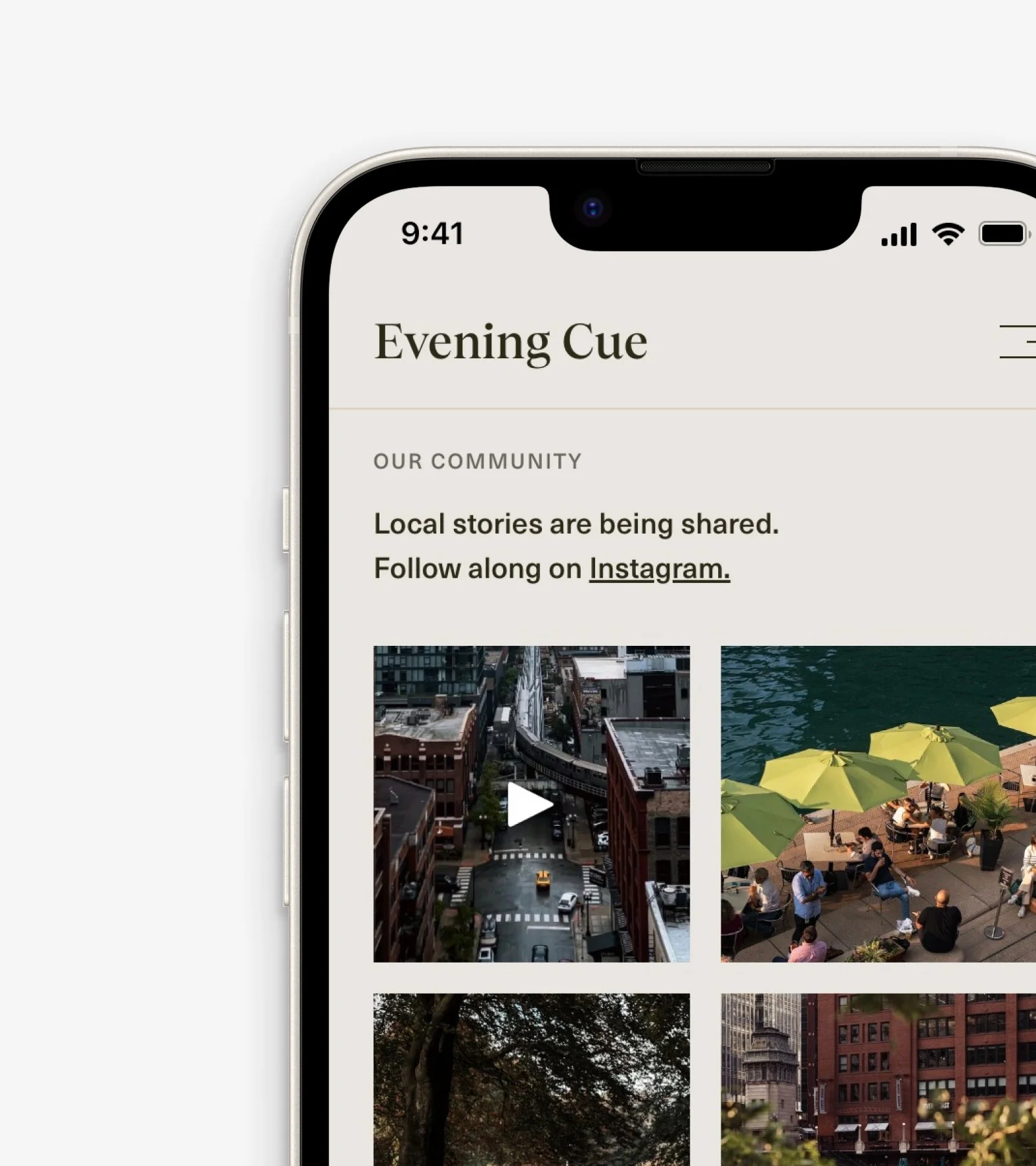A feed of Instagram photos on Evening Cue's website, shown on mobile
