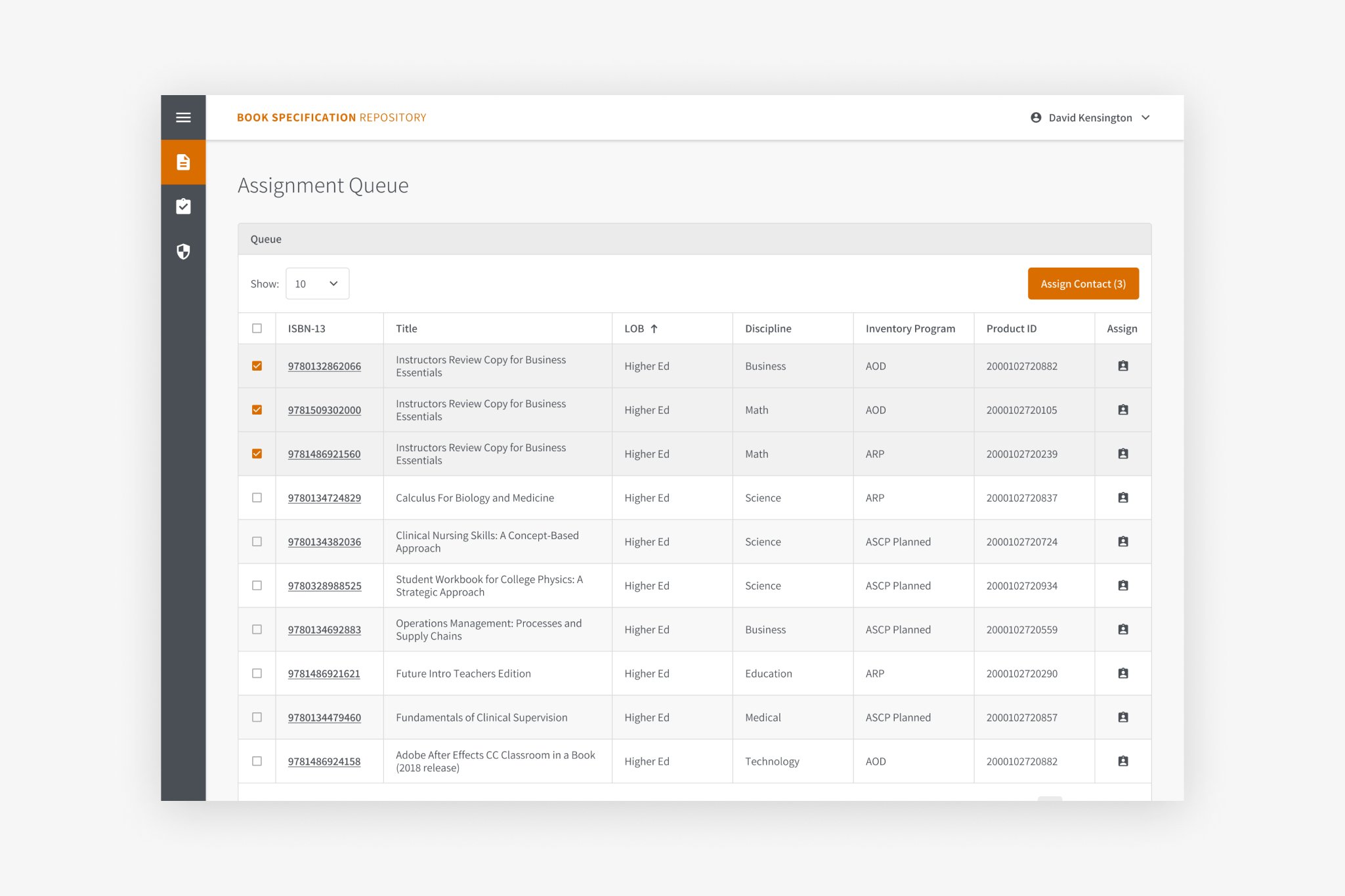 A desktop mockup of the Book Specification Repository Assignment Queue page.
