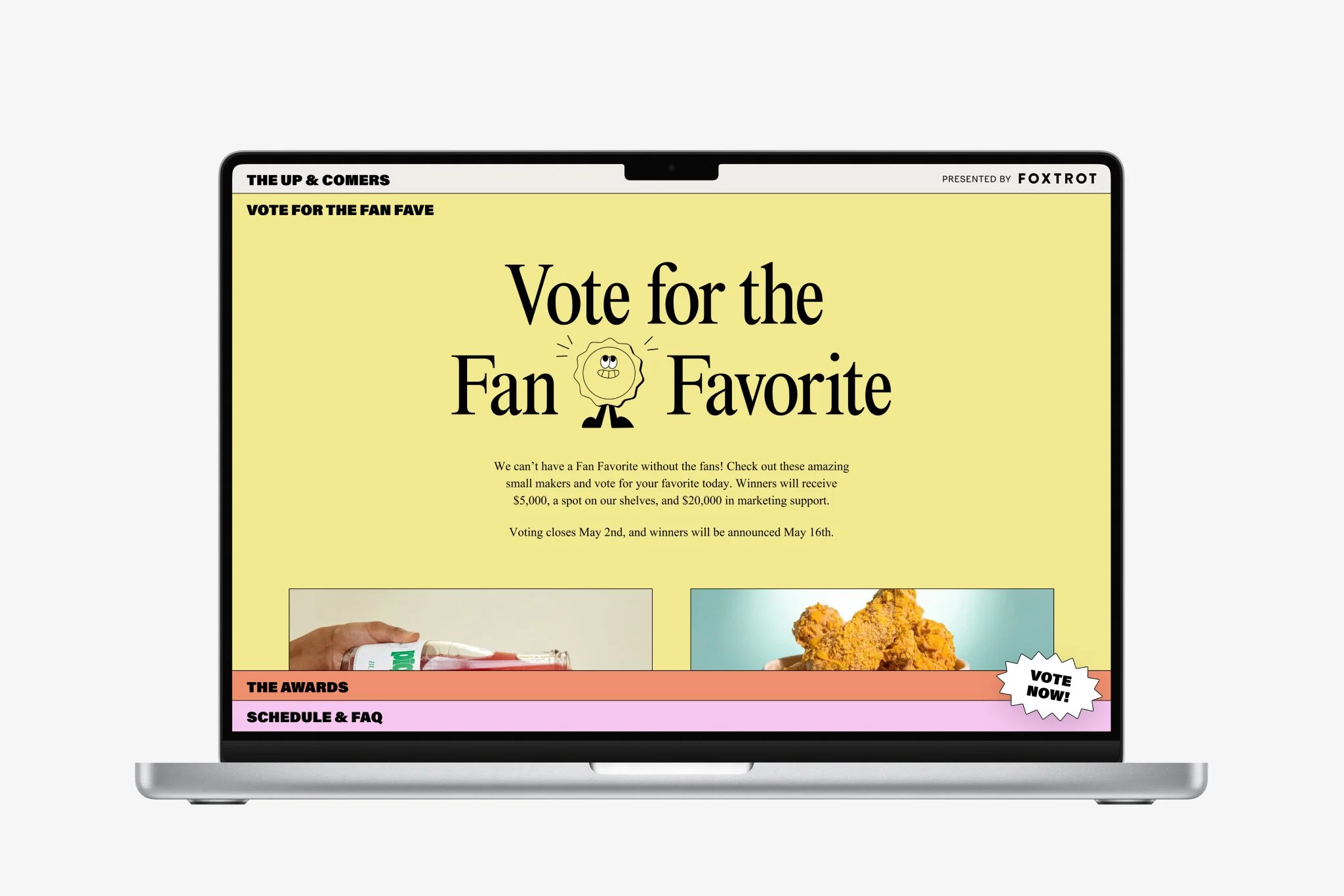 A desktop mockup of the Voting section on the Up & Comers webpage.