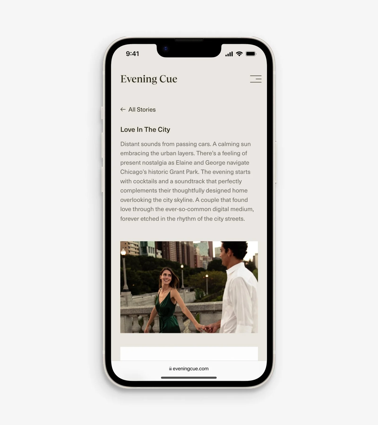 A featured story on Evening Cue's website, shown on mobile