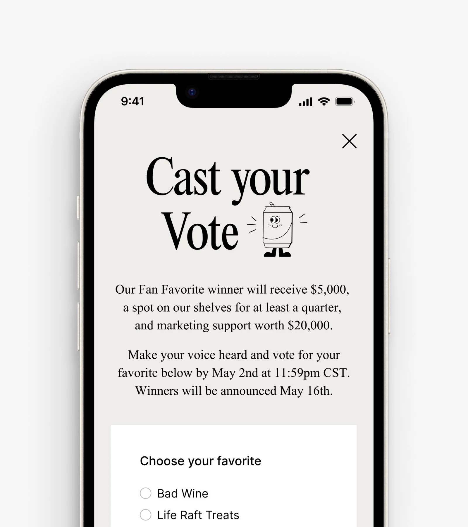 A mobile mockup of the Voting dialog on the Up & Comers webpage.