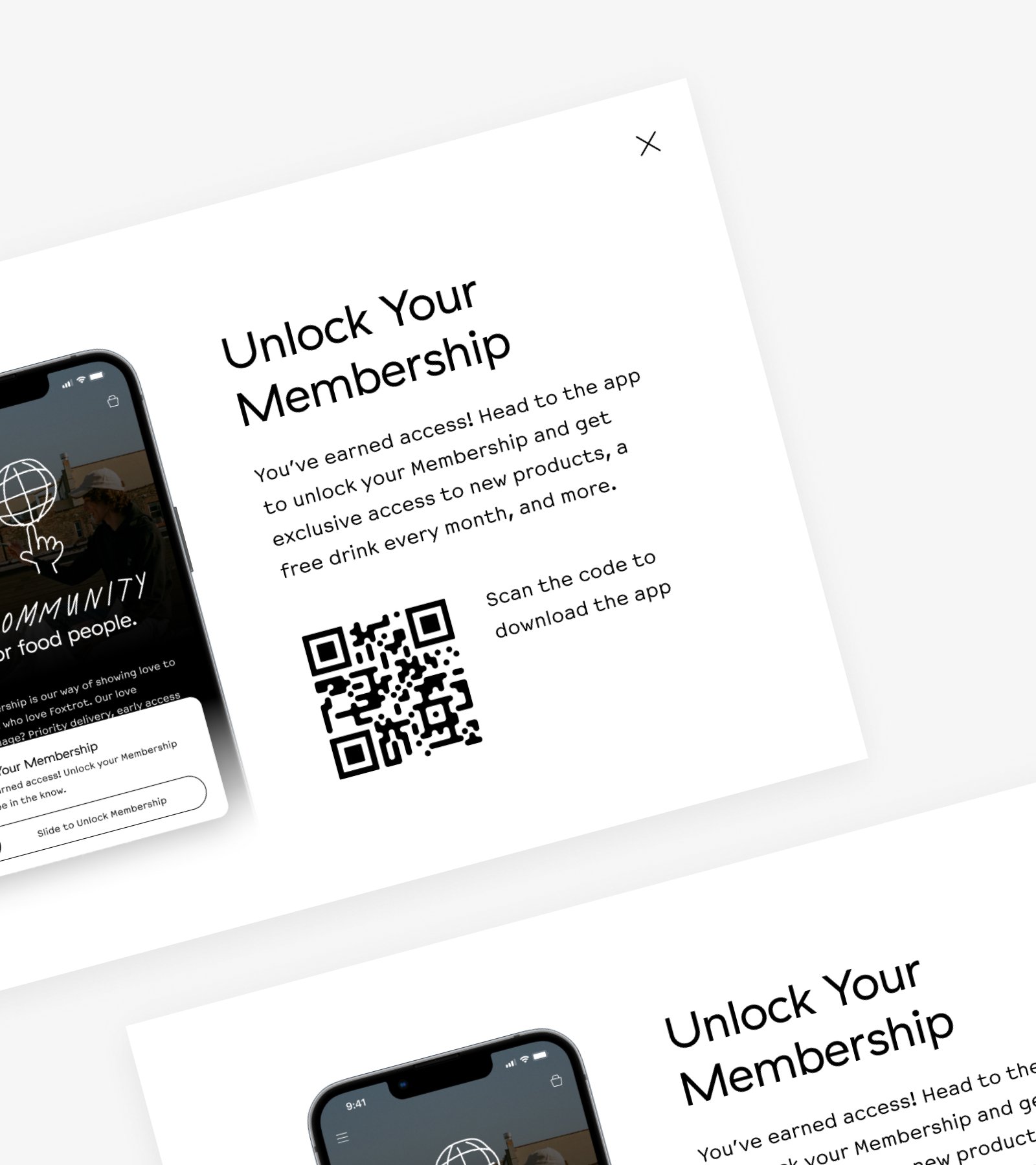 A modal that prompts users to unlock their Membership in the Foxtrot app.