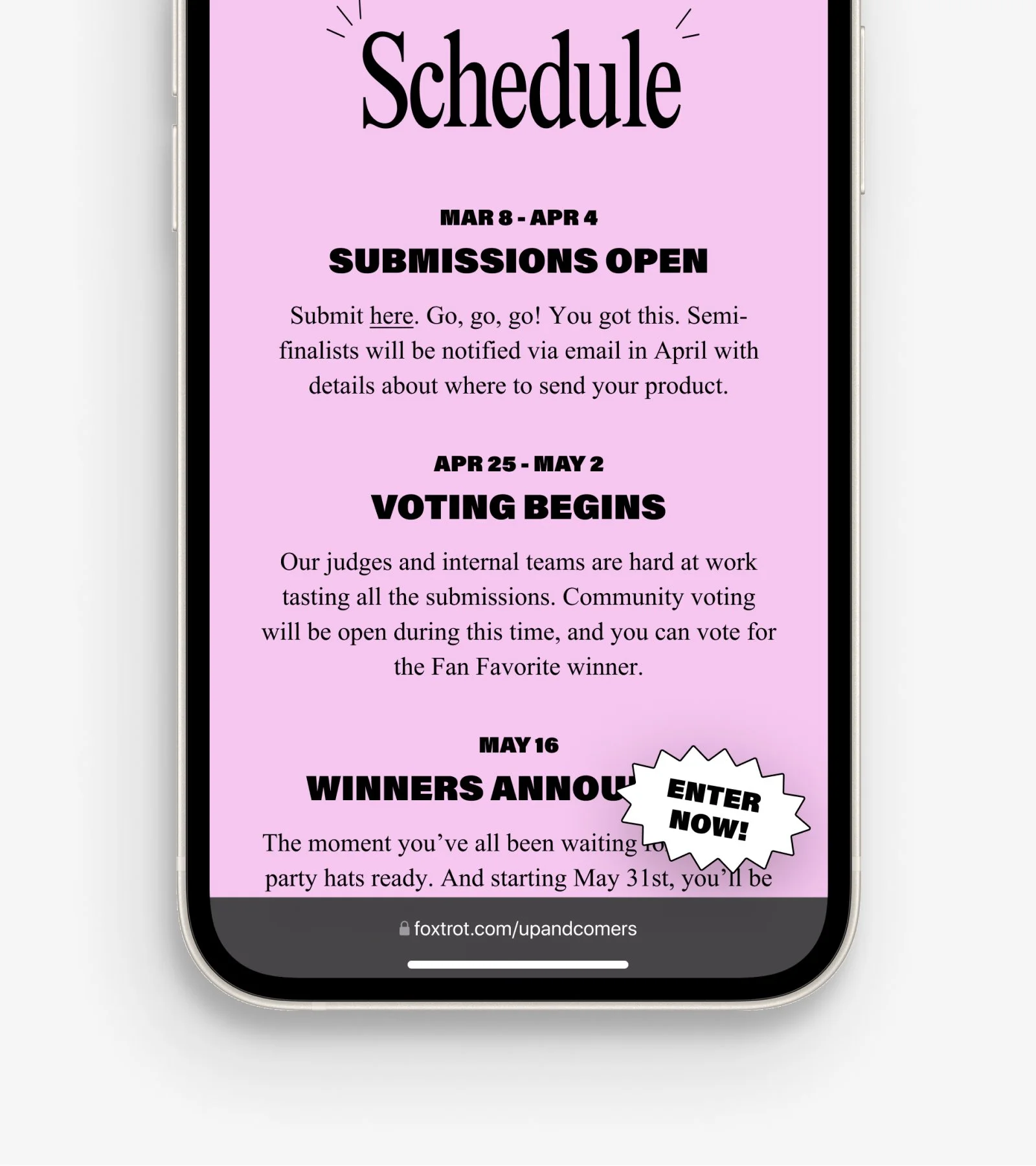 A mobile mockup of the Schedule section on the Up & Comers webpage.