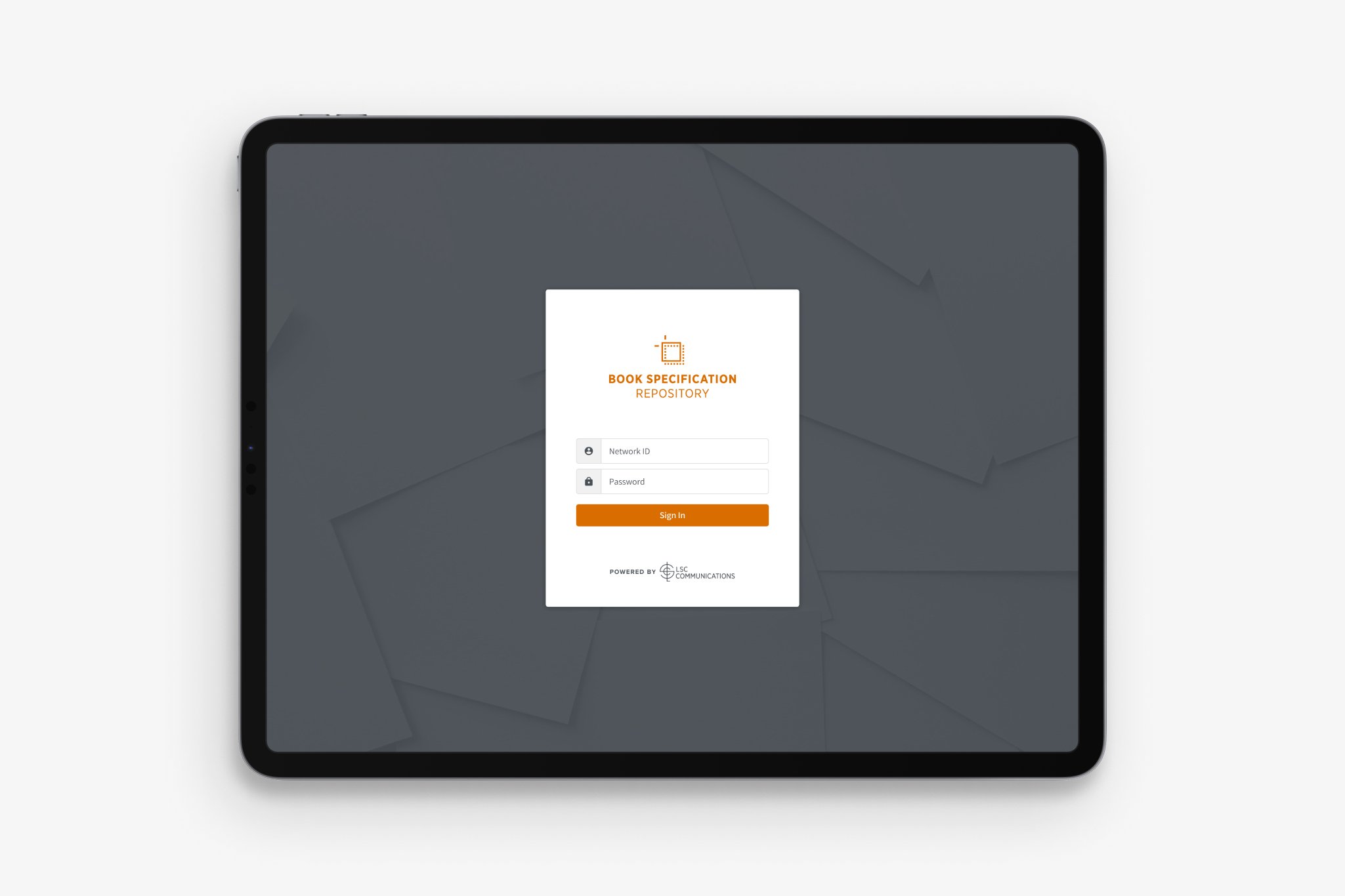 A tablet mockup of the Book Specification Repository login screen.