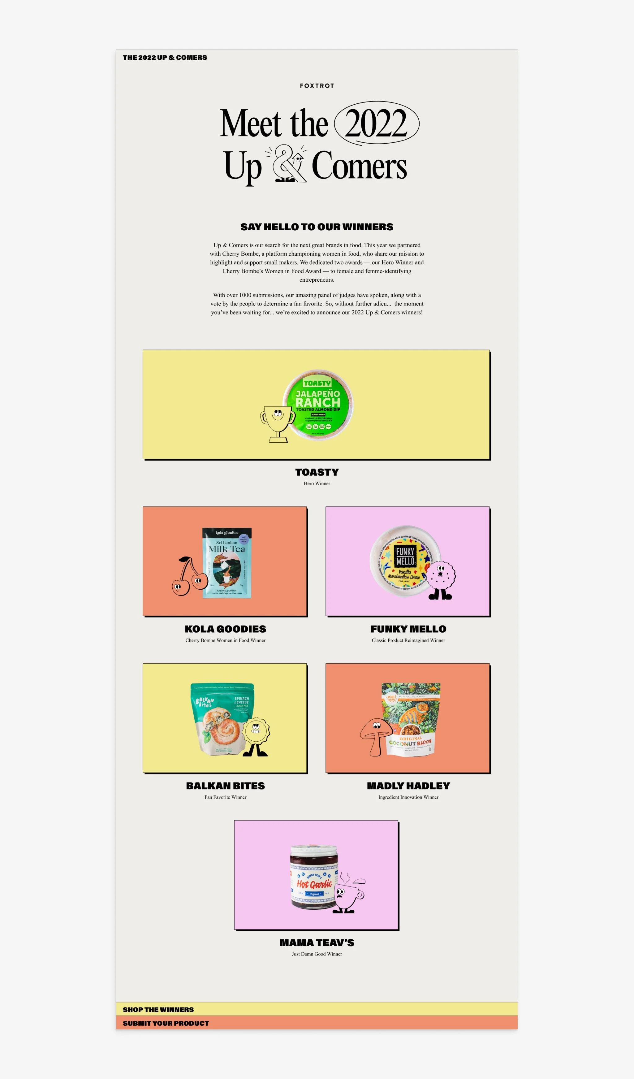 The winners section on the Up & Comers webpage.