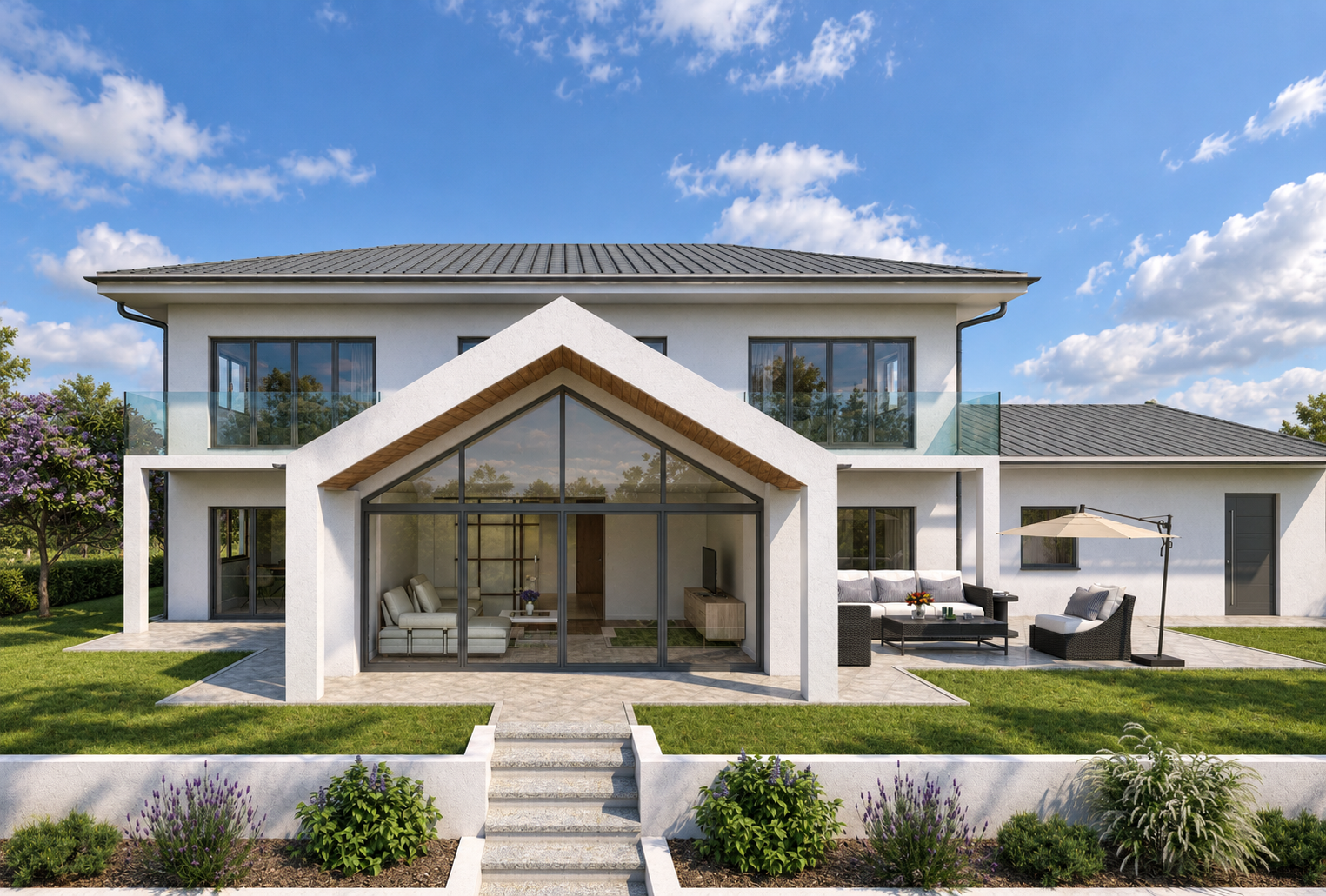 Fotorealistische Visualisierung eines hellen Wohnhauses mit verglastem Giebel, Gartentreppe und Terrasse