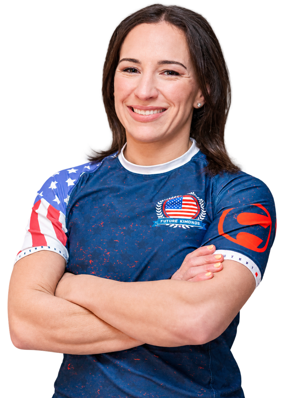 Dr. Megan Jimenez, arms crossed in her Team USA competition rash guard