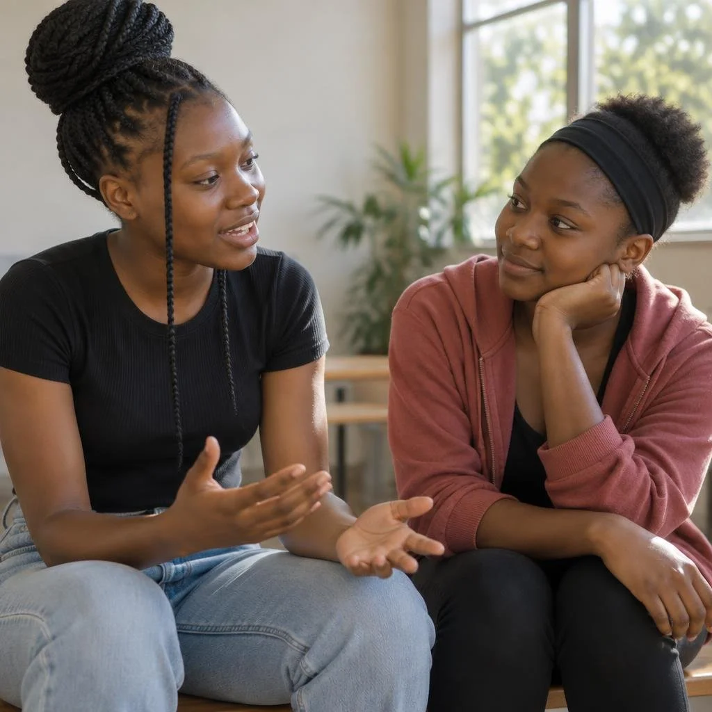 Two young women having a supportive conversation about health and wellbeing