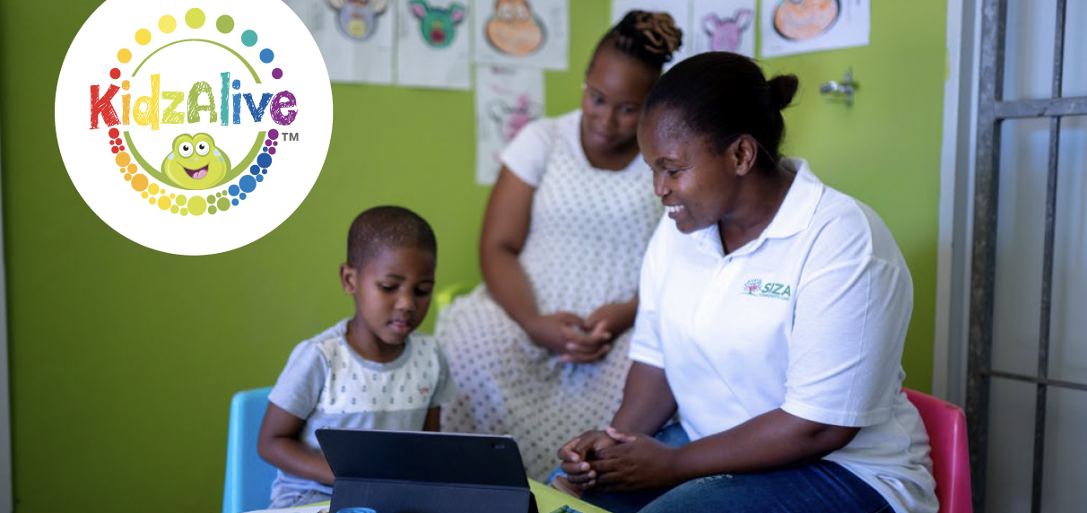 A child taking part in a KidzAdherence session with Zoë-Life facilitators using a tablet.