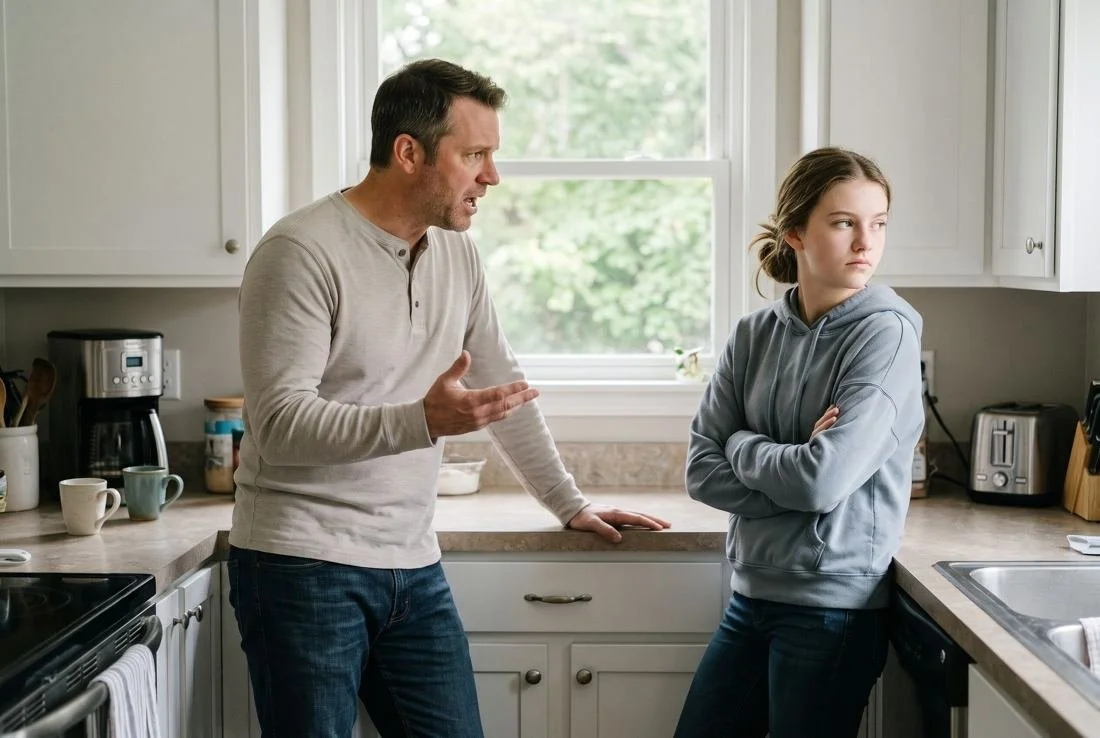 A frustrated father arguing with his teenage daughter, who stands with arms crossed looking away