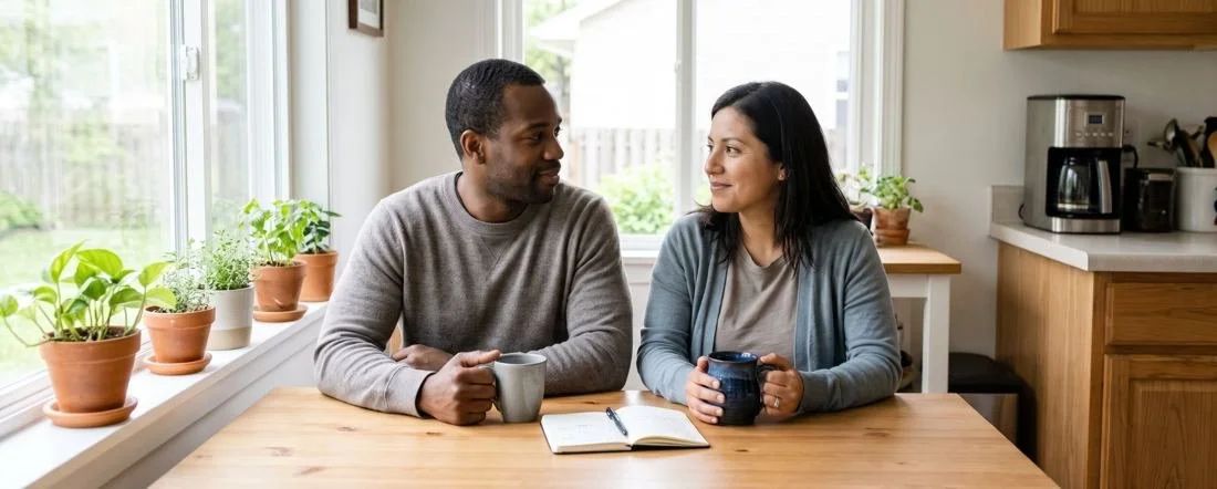A mother and father sitting together at their kitchen table with coffee mugs and a notebook, smiling at each other