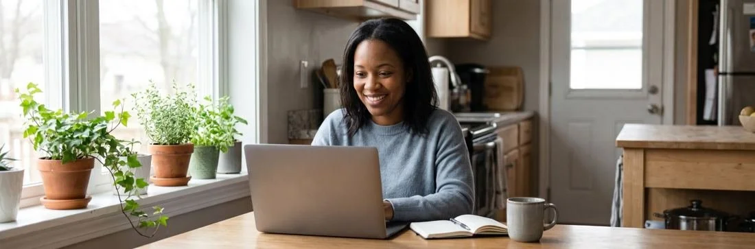 A smiling mother joining an online parenting class on her laptop at the kitchen table