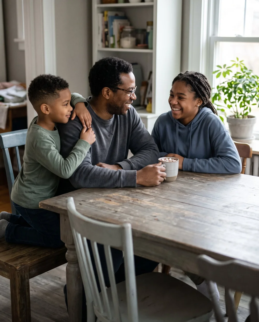 A dad laughs with his teenage daughter and young son at the kitchen table over hot cocoa