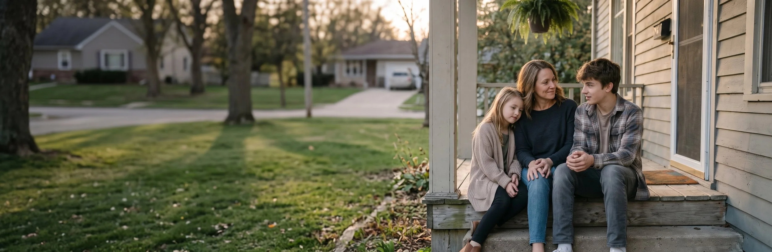 A mother sits on the front porch steps with her teenage son and young daughter, talking together on a quiet evening