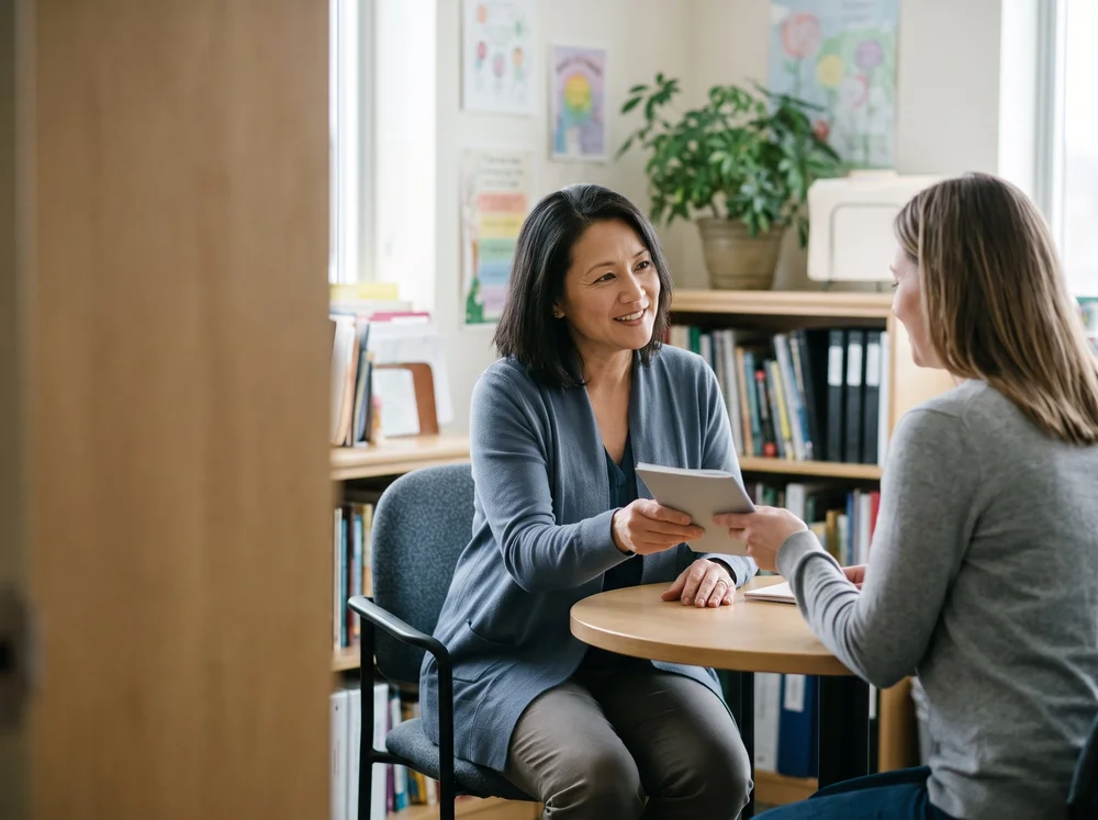A school counselor hands a parent a booklet about parenting classes in a bright office