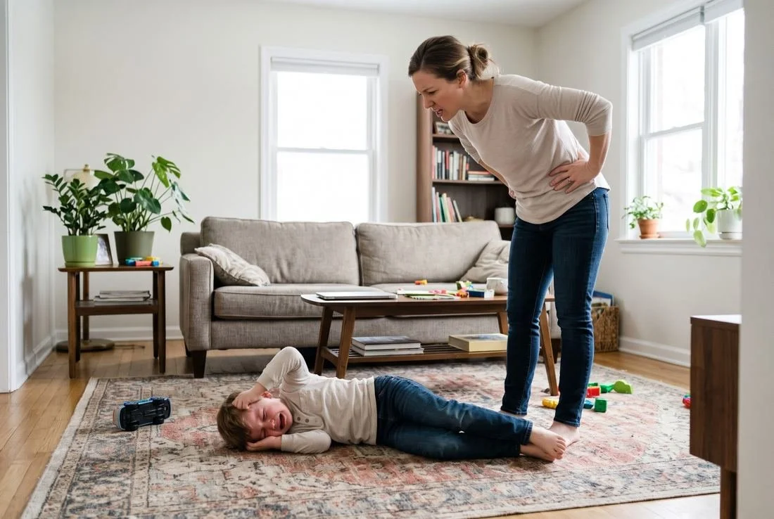 A frustrated mother leaning over her young son, who is crying on the living room rug