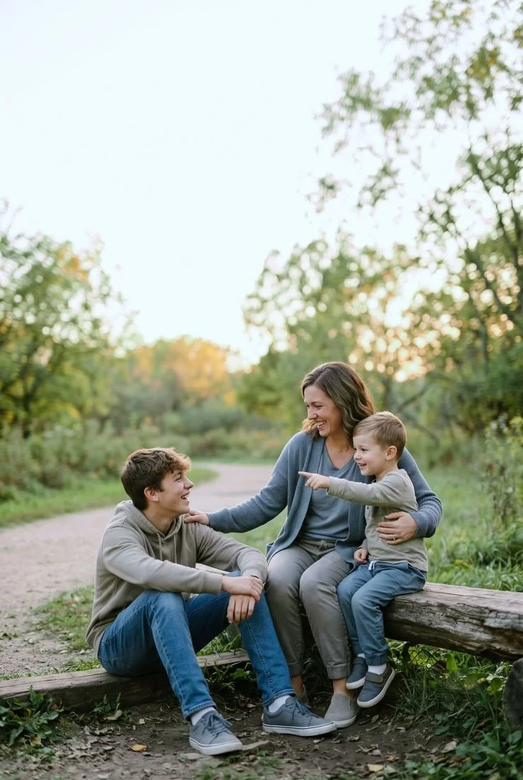A smiling mother sitting on a log along a park trail with her young son on her lap and her teenage son beside her