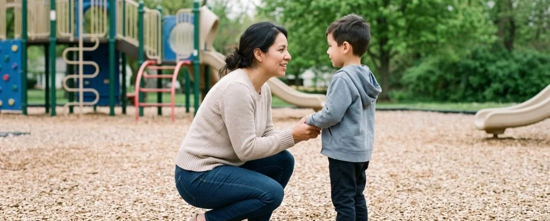 A mother kneeling at eye level with her young son on a playground, holding his hands