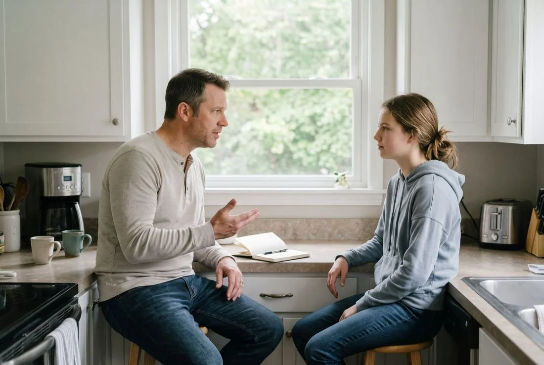 The same father and daughter sitting calmly at the kitchen counter, a notebook between them