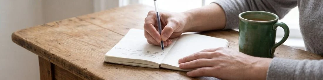 A parent writing a plan in a small notebook beside a green coffee mug