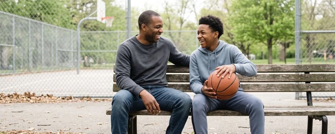 A father and his teenage son laughing together on a bench by a basketball court