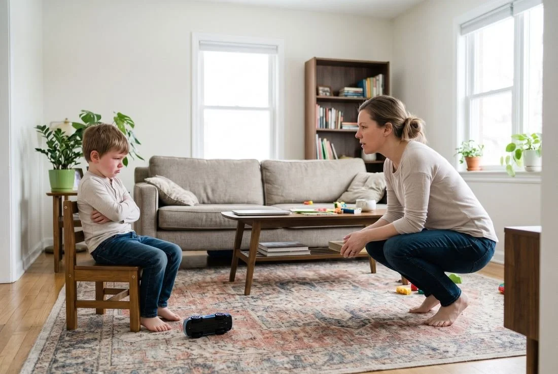 The same mother crouched calmly near her son as he sits on a small time-out chair