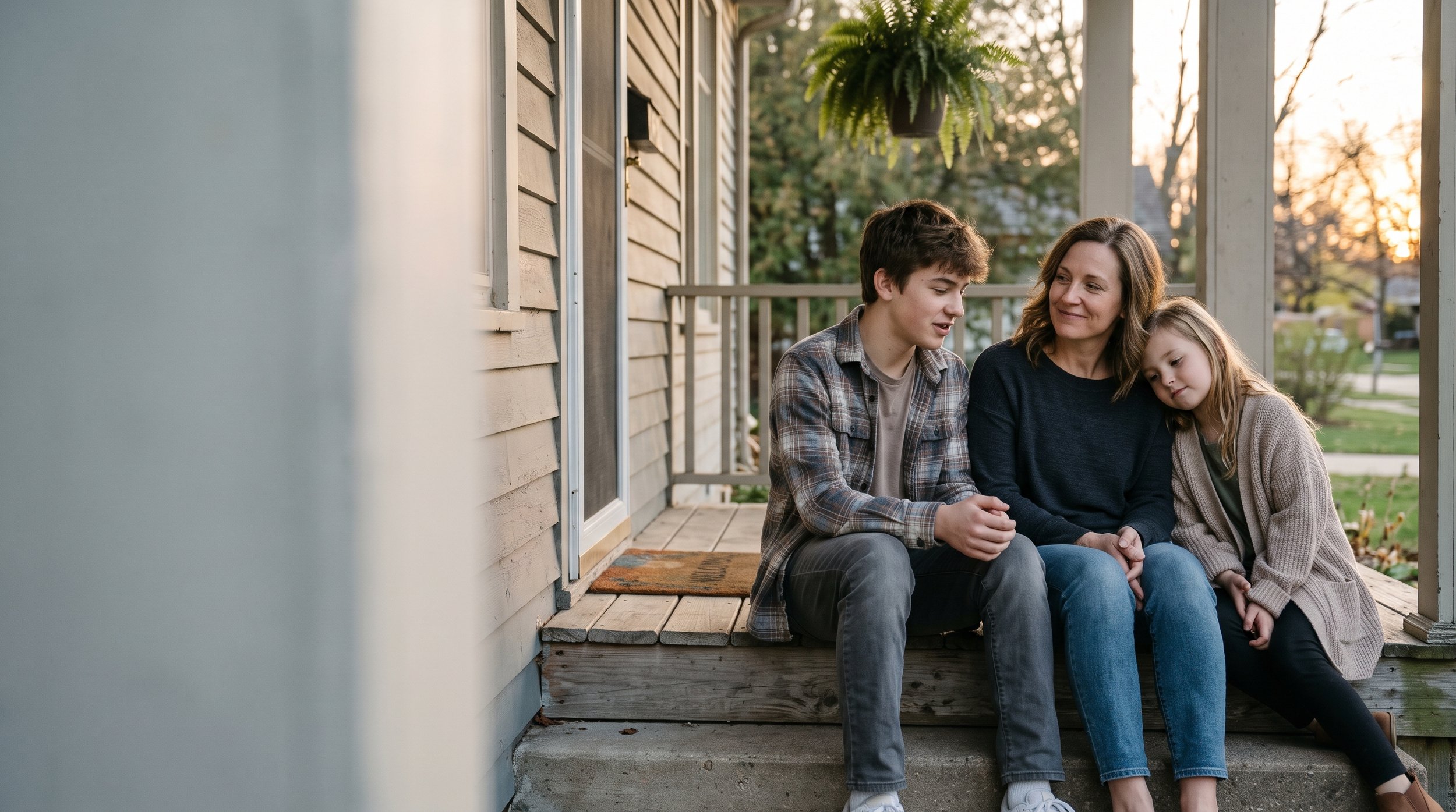 A mother sits on the front porch steps with her teenage son and young daughter, talking calmly together
