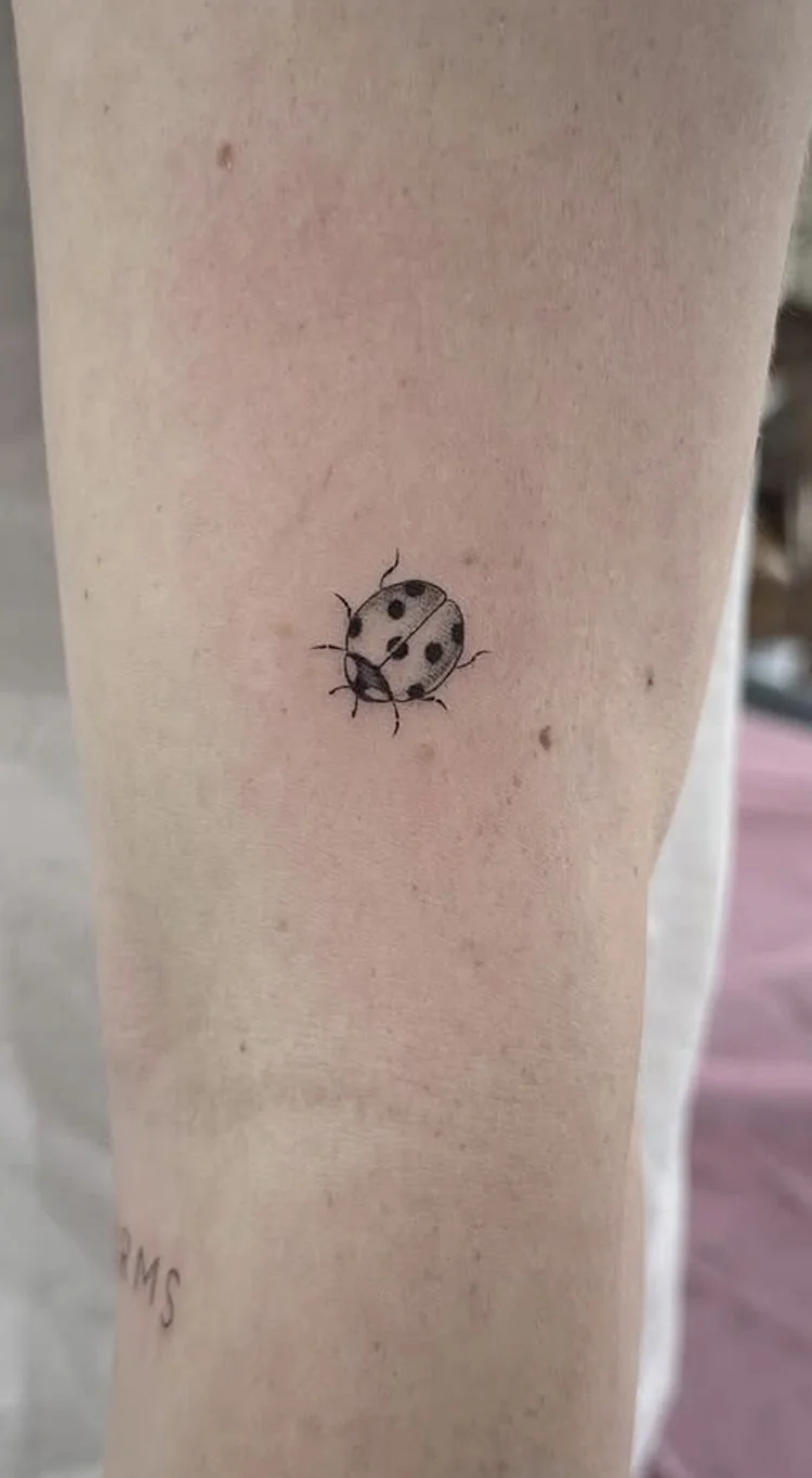 Ladybug fine-line tattoo