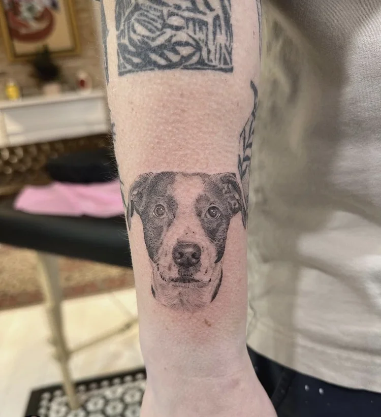 Terrier Portrait fine-line tattoo