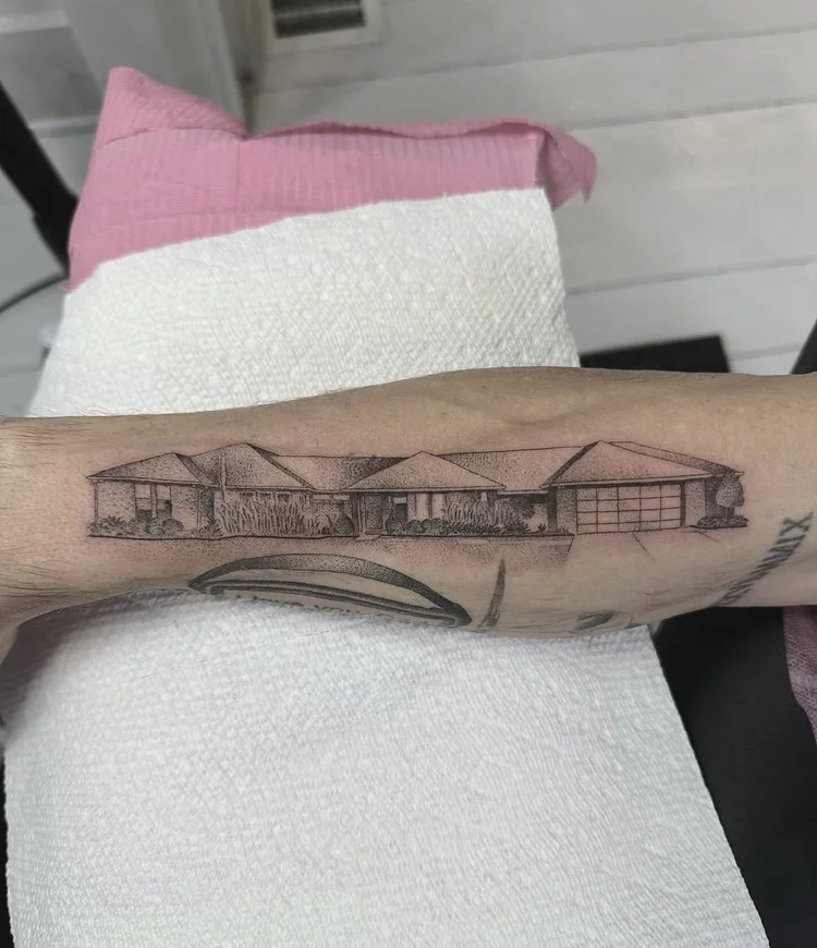 The Family Home fine-line tattoo