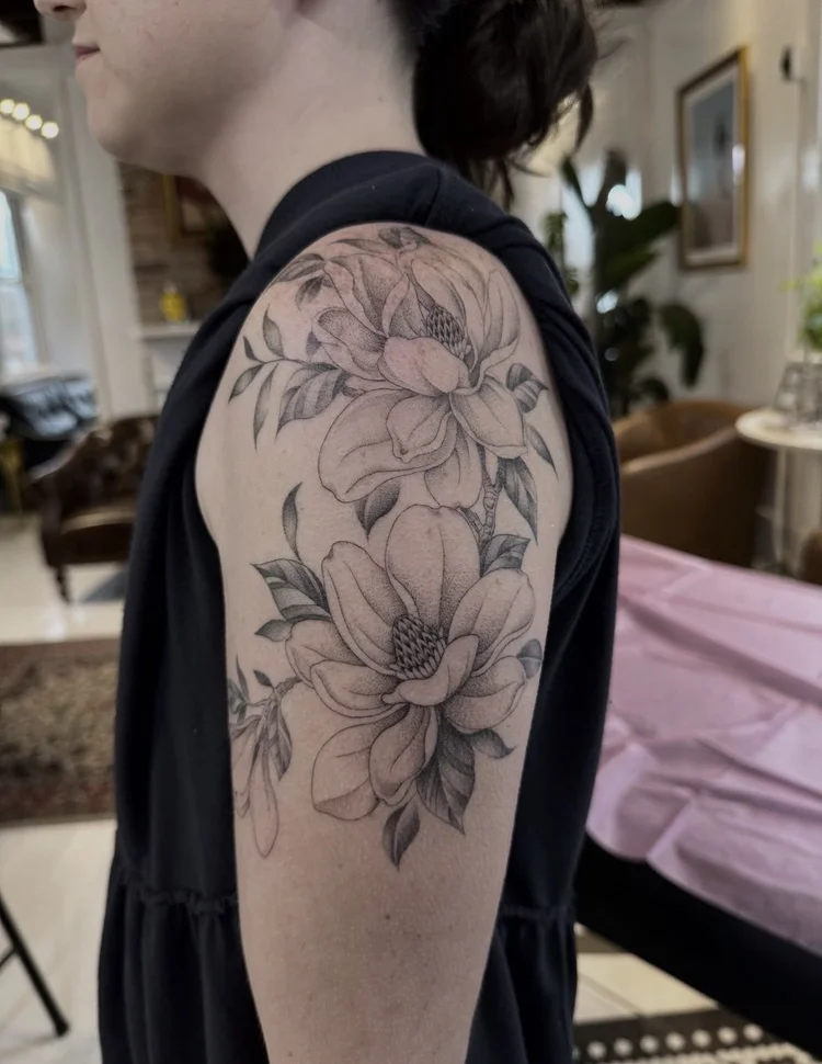 Peony Cluster fine-line tattoo
