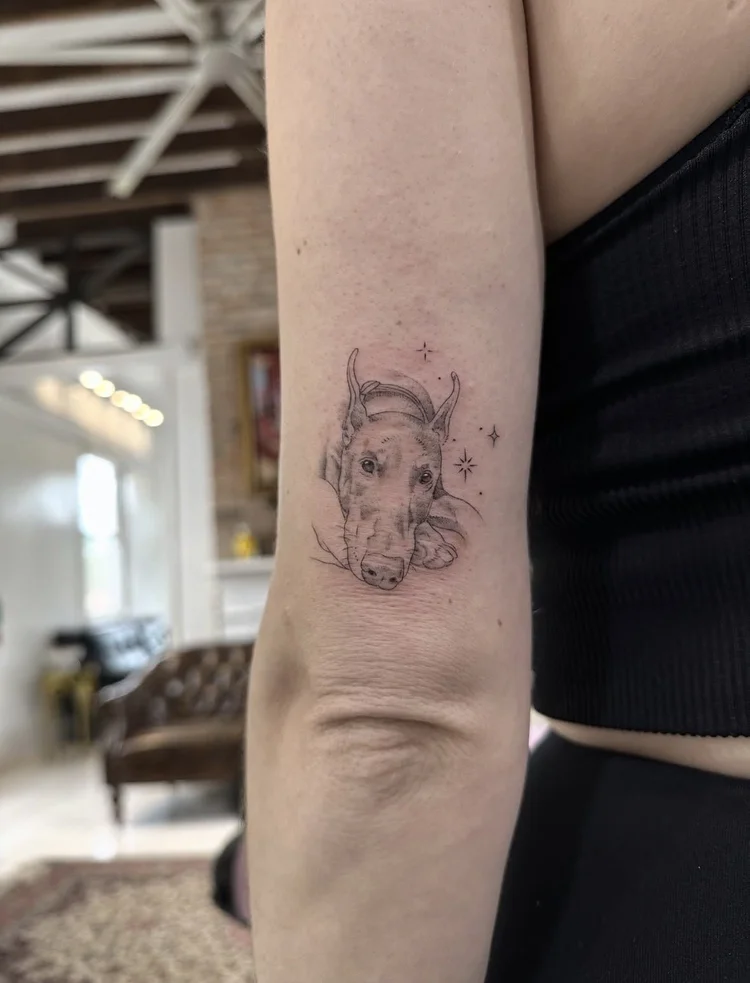 Doberman Portrait fine-line tattoo