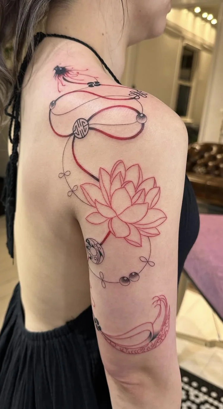 Red Lotus & Knots fine-line tattoo
